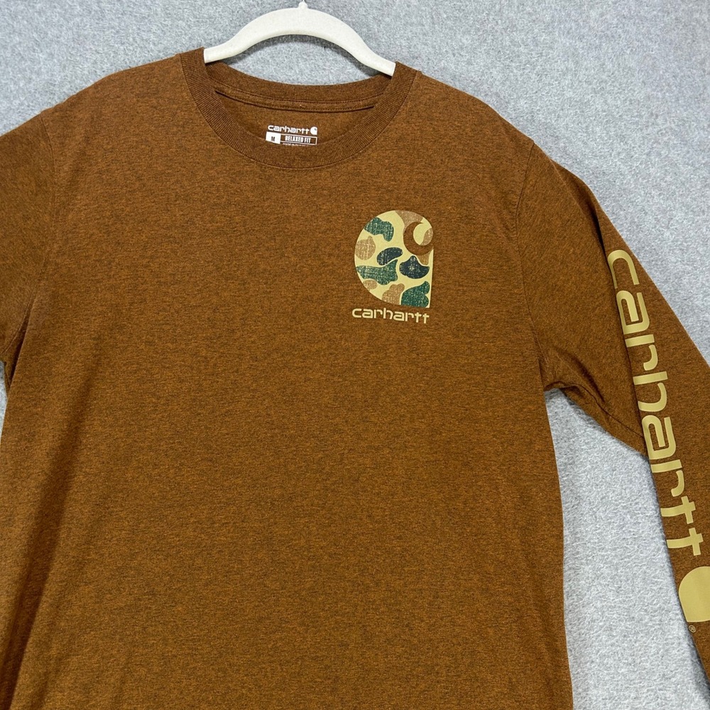 Carhartt Long Sleeve T-Shirt Relaxed Fit Mens M Brown Camo Logo Workwear